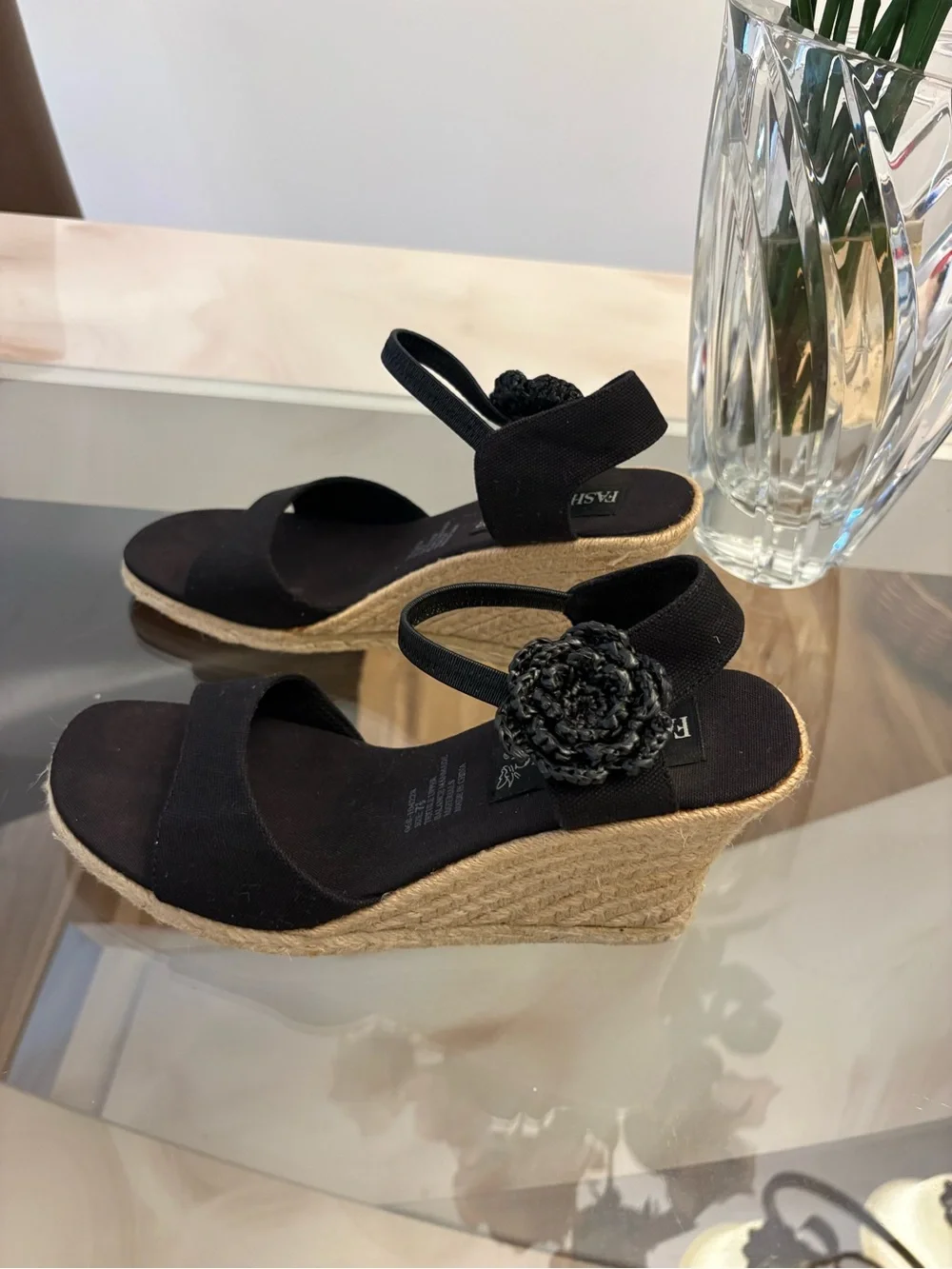 Fashion Bug Women's Black Wedge Slingback Sandals Flower Accent Slip On 7.5